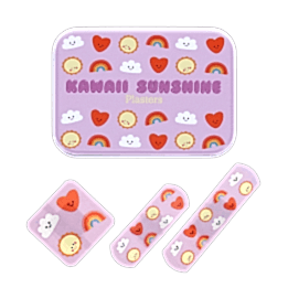 Kawaii sunshine plasters beside a matching tin with rainbow, cloud, sunshine, and heart illustrations