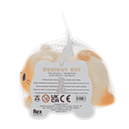 Squidgy stress cat in its packaging with tag showing safey warnings and barcode