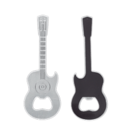Guitar-shaped fridge magnets with built-in bottle openers, one in silver and one black