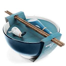 Blue ceramic noodle bowl set with spoon, chopsticks, and fish-shaped rest