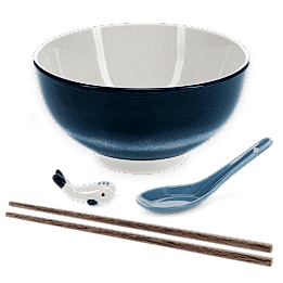 Blue ceramic noodle bowl set with spoon, chopsticks, and fish-shaped rest