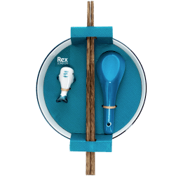 Blue ceramic noodle bowl set with spoon, chopsticks, and fish-shaped rest