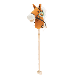 hobby horse toy with white mane and black bridle on a wooden stick