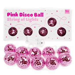 String of pink disco ball lights shown with packaging in the background.