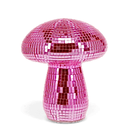 Pink disco mushroom-shaped table lamp with mirrored tiles.