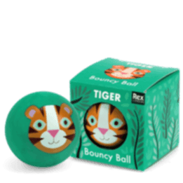 Green bouncy ball with a tiger face design next to its matching box