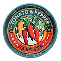 Round metal serving tray with vintage-style tomato and pepper text design and chili illustration