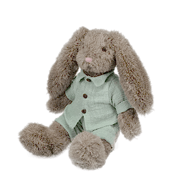 Plush bunny toy with floppy ears, wearing light green shirt and pants