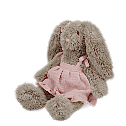 Plush bunny toy with floppy ears, wearing a pink dress