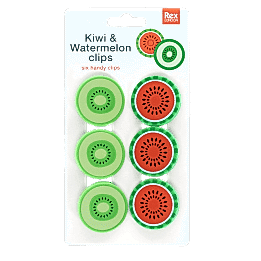 Pack of six round bag clips shaped like kiwi and watermelon slices in green and red