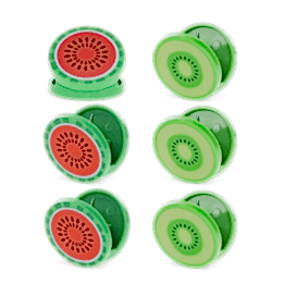 Six round bag clips shaped like kiwi and watermelon slices in green and red