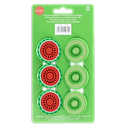 Pack of six round bag clips shaped like kiwi and watermelon slices in green and red