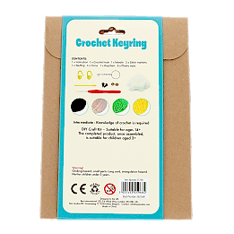 Crochet kit back packaging with safety warnings descriptions