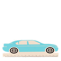 A blue ruler shaped like a car, with measurement markings along the bottom edge