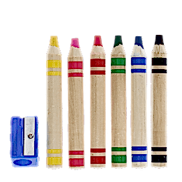 Six jumbo wooden crayons in different colour with a blue sharpener. 