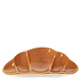Brown ceramic trinket dish shaped like a croissant.