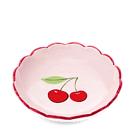 round ceramic trinket dish with scalloped red edge and cherry design in the center
