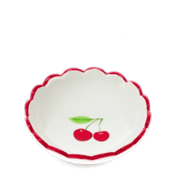 Round ceramic trinket dish with scalloped red edge and cherry design in the center.
