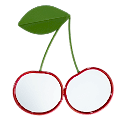Wall mirror shaped like two cherries with red frames and green leaf detail