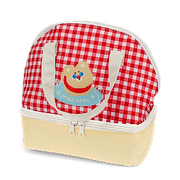 Red and white checkered lunch bag featuring a cute bear illustration with tag