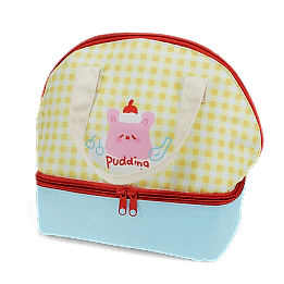 Yellow and white checkered lunch bag featuring a cute kawaii illustration 
