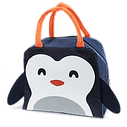 Navy blue lunch bag with orange handles and a cute penguin face design on the front, featuring black wings on each side.