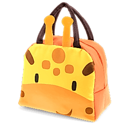 Orange lunch bag with dark brown handles and a cute giraffe face design on the front and two giraffe horns at the top
