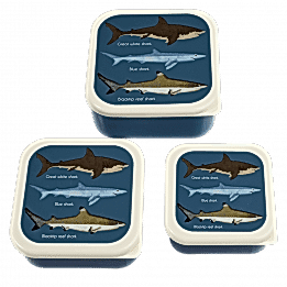 Three plastic snack boxes large medium small featuring images of sharks