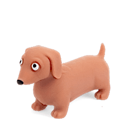 Squeezy squishy toy shaped like a brown sausage dog with floppy ears and a cute face.
