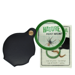 Nature Trail pocket magnifying glass with green frame, black leather case, and illustrated packaging.
