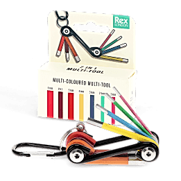 7-in-1 multi-coloured multi-tool with hex keys and screwdriver bits, shown with packaging.