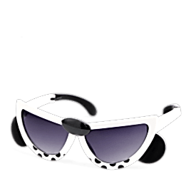 sunglasses with white snow leopard design, black spots, and dark lenses