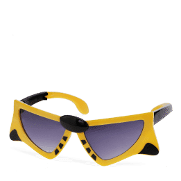 sunglasses with yellow tiger design, black stripes, and dark lenses.