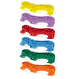 Set of six sausage dog-shaped crayons in yellow, purple, red, blue, green, and orange.