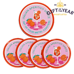 Four round coaster with Italian Aperitivo Spritz design and storage tin