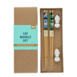 Cat-themed chopsticks set with two ceramic rests in a gift box.
