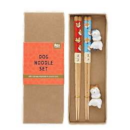 Dog-themed chopsticks set with two ceramic rests in a gift box.