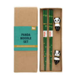 Green bamboo-themed chopsticks set with two panda ceramic rests in a gift box.
