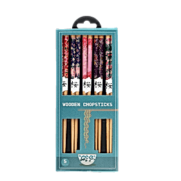 Box of five pairs of wooden chopsticks with colorful floral designs