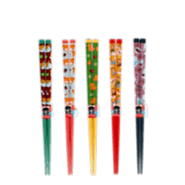 Set of five pairs of colorful chopsticks with cute animal and fruit designs