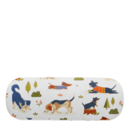 Glasses case with playful illustrated dogs and trees on a light background