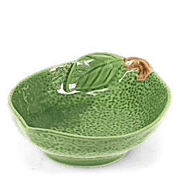 Green ceramic bowl with textured surface and a leaf design near the rim with brown stem accent