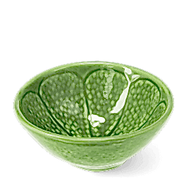 Green ceramic bowl with textured lime-like pattern and glossy finish.