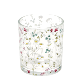 Clear glass candle holder with delicate floral design 