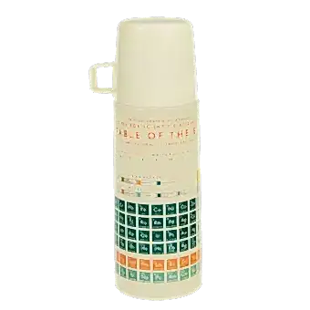 Small cream stainless steel flask with cream plastic cup featuring print of periodic table of elements