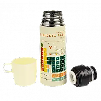 Periodic table flask with cup removed and lid unscrewed