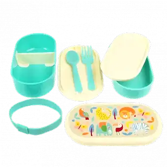 Bento box parts: base section with divider, tray with fork and spoon, middle tray, upper section, elastic strap and lid
