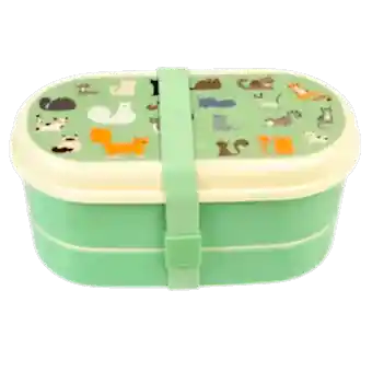 Light green kids bento box with cream lid and middle tray plus light green elastic strap featuring illustrations of cats
