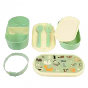 Bento box parts: base section with divider, tray with fork and spoon, middle tray, upper section, elastic strap and lid