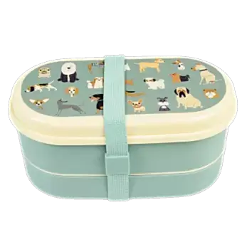 Blue-green kids bento box with cream lid and middle tray plus blue-green elastic strap featuring illustrations of dogs